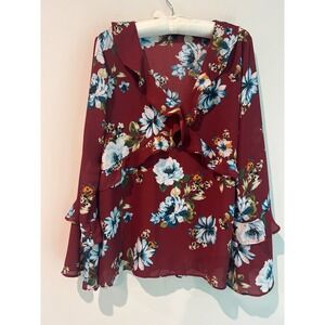 Signature Studio Boho Burgundy Floral Ruffle V-Neck Bell Sleeve Blouse‎ Medium